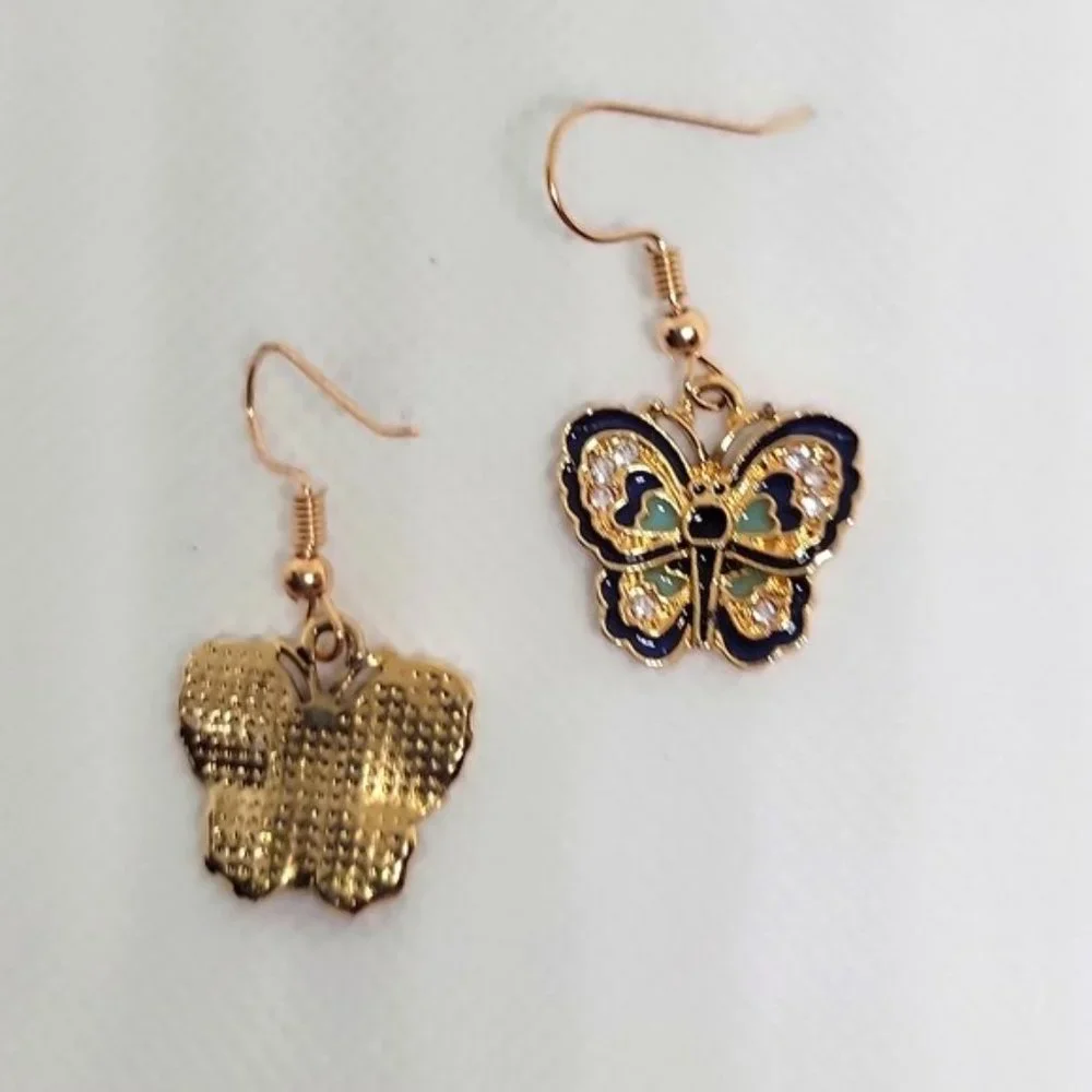 Luxe Blue Butterfly Dangle Earrings Gold Tone Luxe Sparkle Faux Stone New